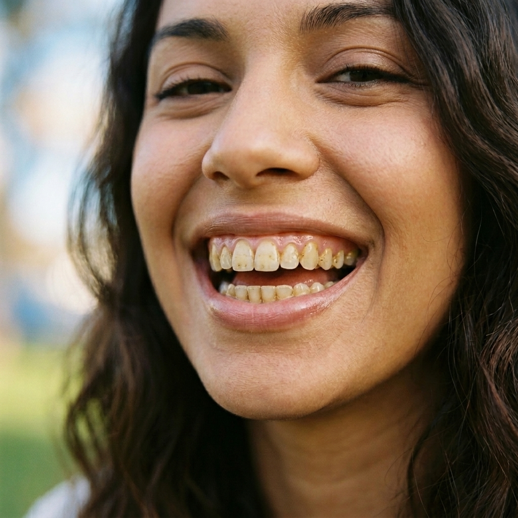 Before dental treatment — yellow stained teeth